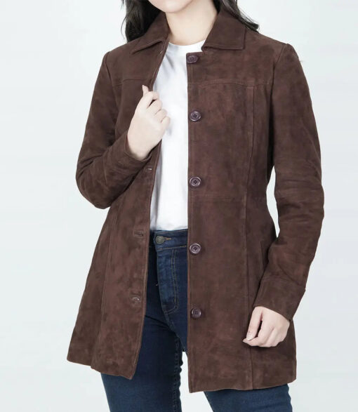 Women's Dark Brown Button Down Suede Coat