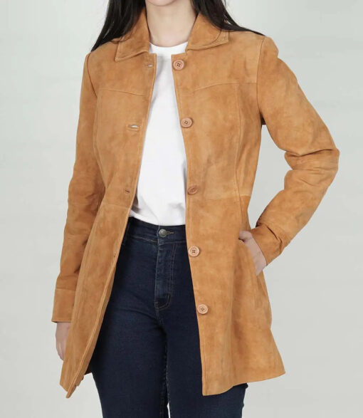 Women's Brown 3/4 Length Button Down Suede Coat