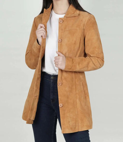 Women's Brown 3/4 Length Button Down Suede Coat - Image 2