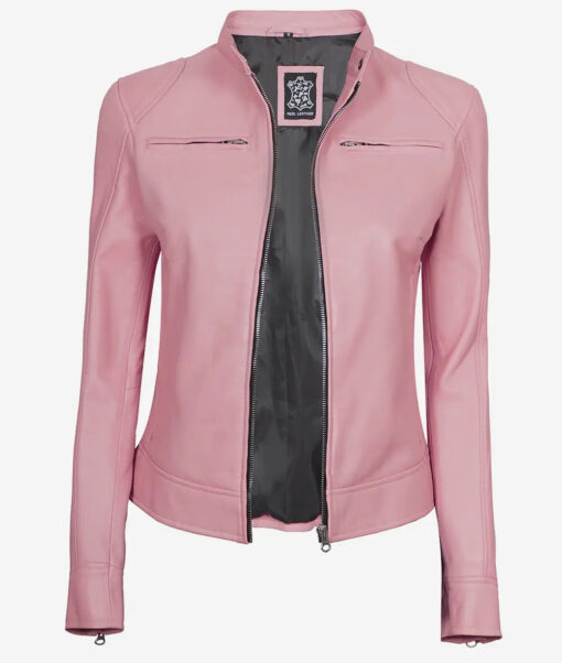 Dodge Women's Light Pink Cafe Racer Leather Jacket - Image 2