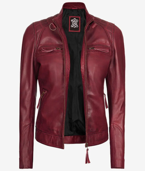 Women's Real Lambskin Maroon Leather Motorcycle Jacket - Image 2