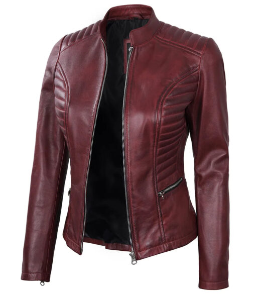 Women's Maroon Cafe Racer Leather Jacket - Image 2