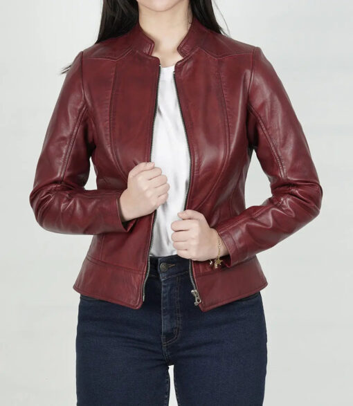 Women's Maroon Slim Fit Leather Jacket