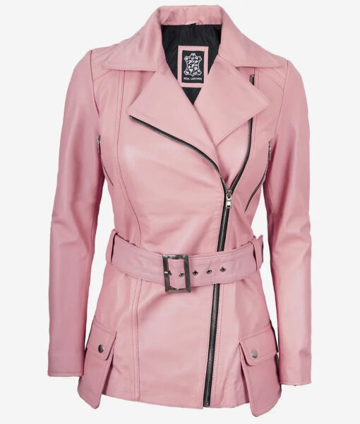 Women's Pink Belted Moto Real Leather Jacket - Image 2