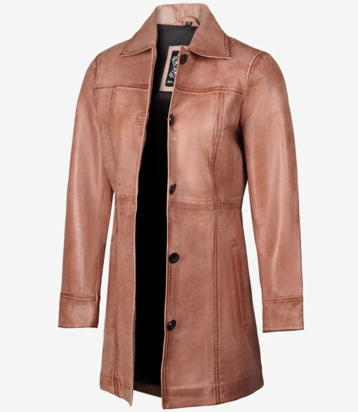 Women's Pink Cognac Button Down Waxed Leather Coat