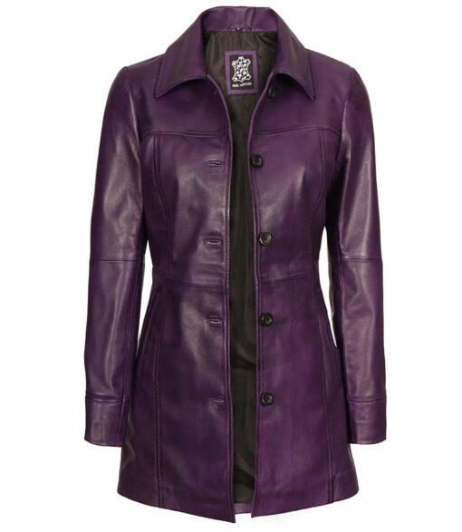 Women's Purple 3/4 Length Button Down Leather Coat - Image 2