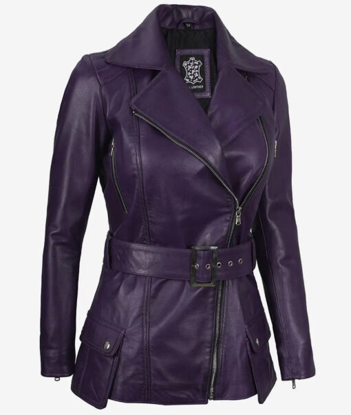 Women's Purple Asymmetrical Belted Moto Leather Jacket - Image 2