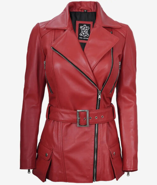 Women's Red Belted Motorcycle Leather Jacket - Image 2
