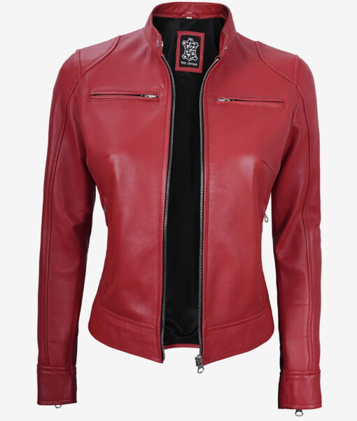 Women's Red Real Leather Moto Jacket - Image 2