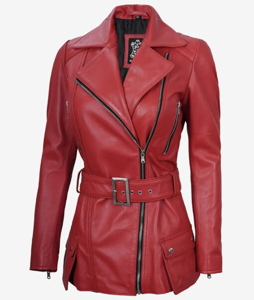Women's Red Belted Motorcycle Leather Jacket