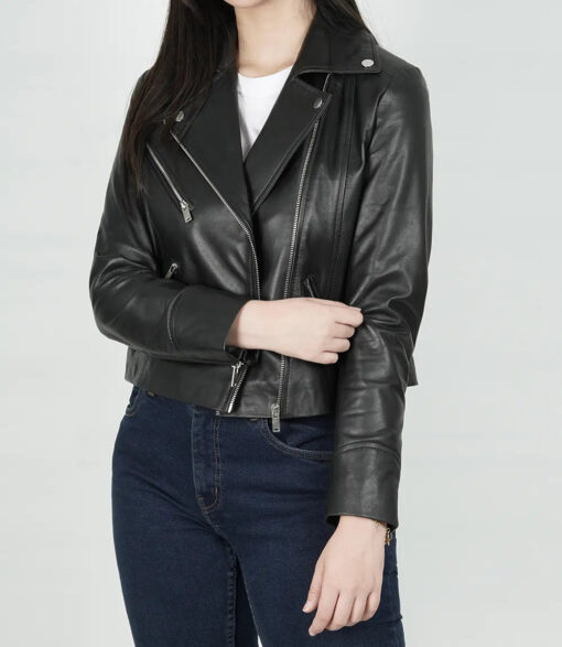 Women's Black Relaxed Fit Real Lambskin Leather Moto Jacket - Image 2