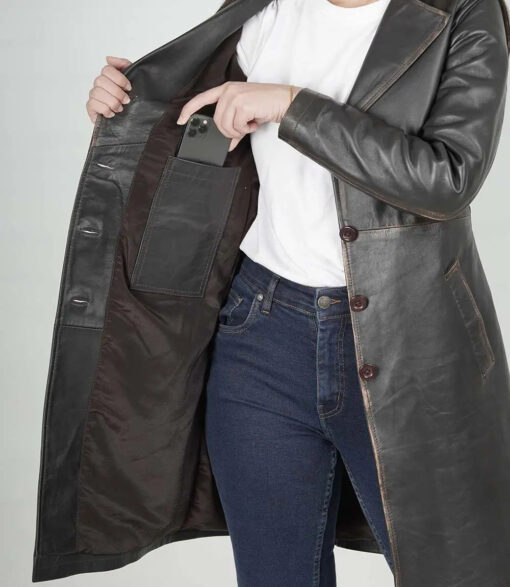 Women's Dark Brown 3/4 Length Leather Coat - Image 2