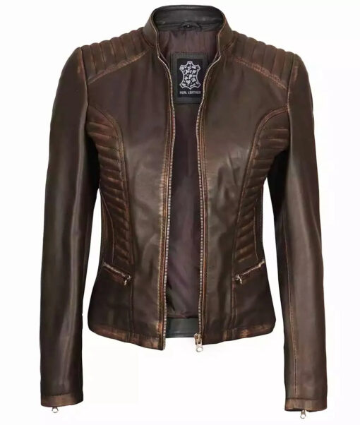 Women's Ruboff Brown Slim Fit Leather Jacket - Image 2