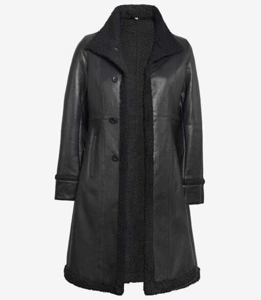 Women's Black Shearling Long Leather Coat - Image 2