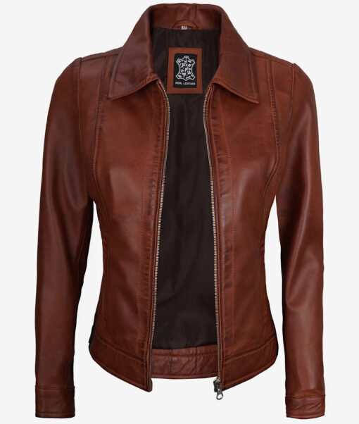 Women's Cognac Shirt Collar Leather Jacket