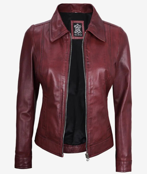 Women's Maroon Shirt Collar Leather Jacket