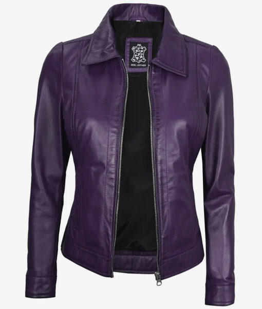 Women's Purple Shirt Collar Leather Jacket - Image 2