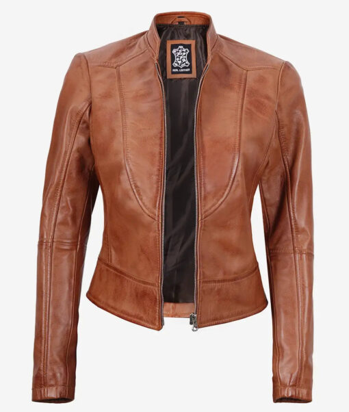 Women's Slim Fit Tan Brown Waxed Biker Leather Jacket - Image 2