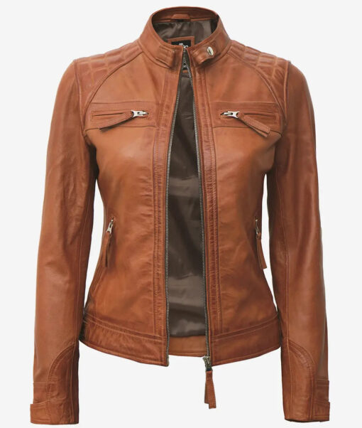 Women's Tan Real Lambskin Leather Quilted Biker Jacket - Image 2