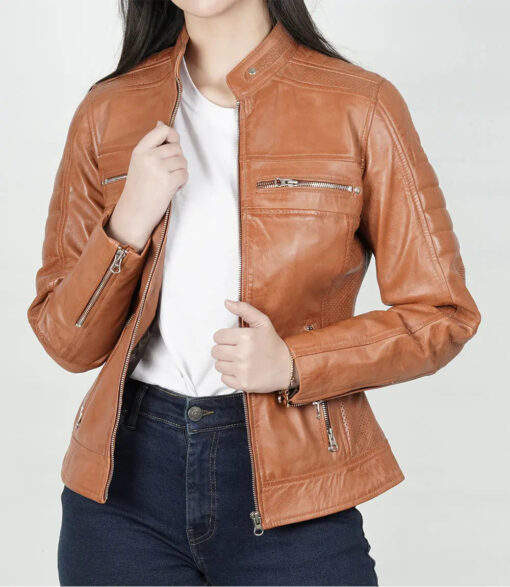 Women's Tan Cafe Racer Leather Jacket