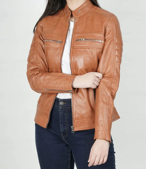 Women's Tan Cafe Racer Leather Jacket - Image 2