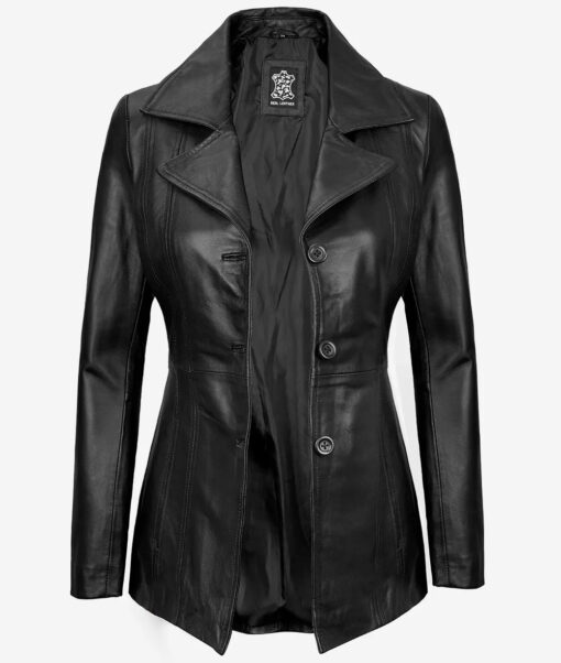Bitonto Women's Black 3/4 Length Leather Coat - Image 2
