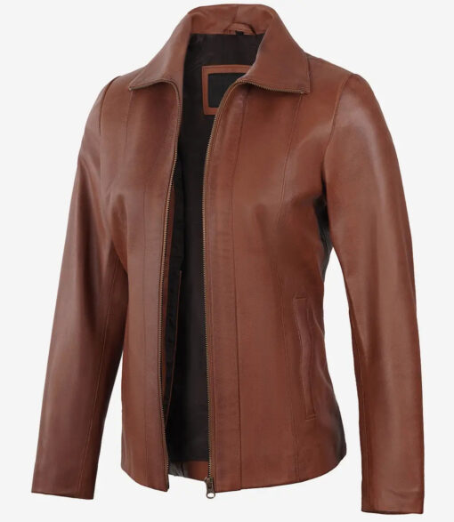 Women's Cognac Zipper Closure Lambskin Leather Coat