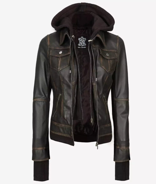 Women's Brown Rub-Off Detachable Hooded Bomber Leather Jacket