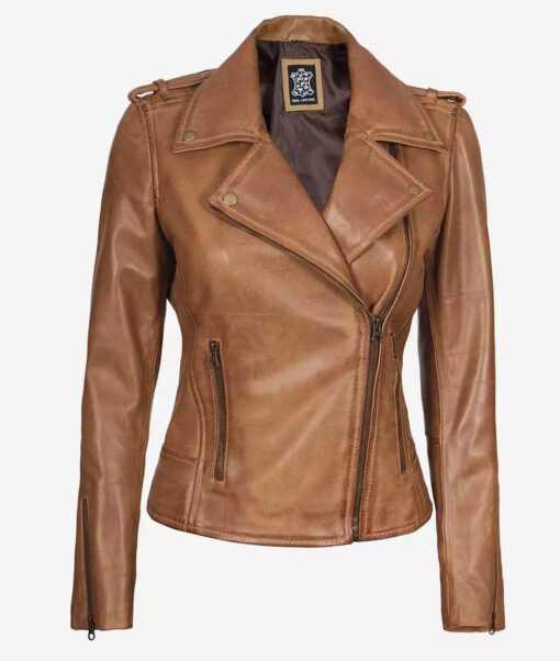 Women's Camel Brown Real Leather Moto Jacket - Image 2