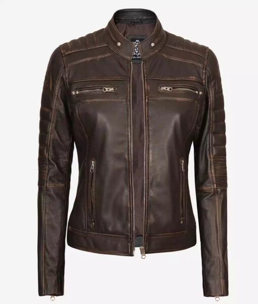 Women's Brown Distressed Motorcycle Leather Jacket - Image 2