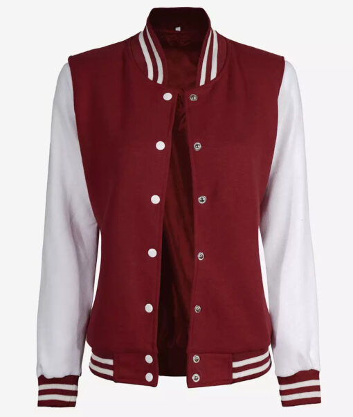 Women's Maroon and White Varsity Jacket - Baseball Style