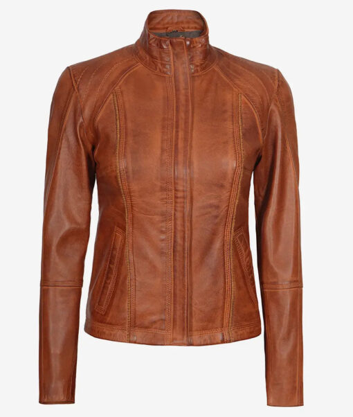 Acerra Women's Cognac Brown Cafe Racer Real Leather Jacket - Image 2