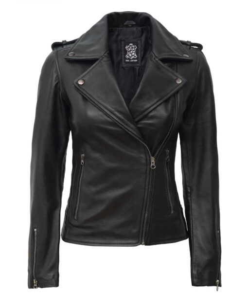 Women's Asymmetrical Black Biker Style Leather Jacket - Image 2