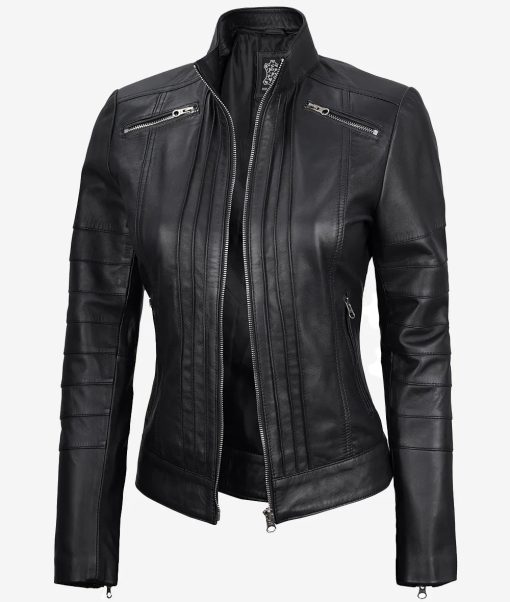 Bergamo Women's Cafe Racer Black Leather Jacket - Image 2