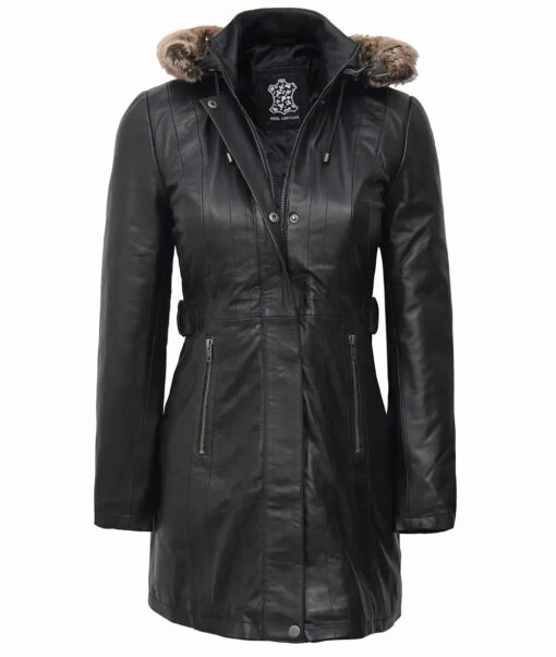 Women's Black Premium Leather Coat | Removable Fur Hood - Image 2