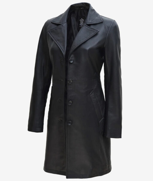 Women's Black Long Leather Trench Coat