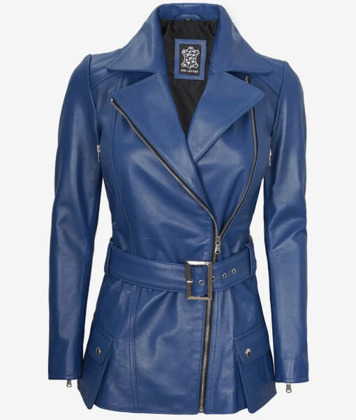 Women's Blue Asymmetrical Belted Moto Leather Jacket - Image 2