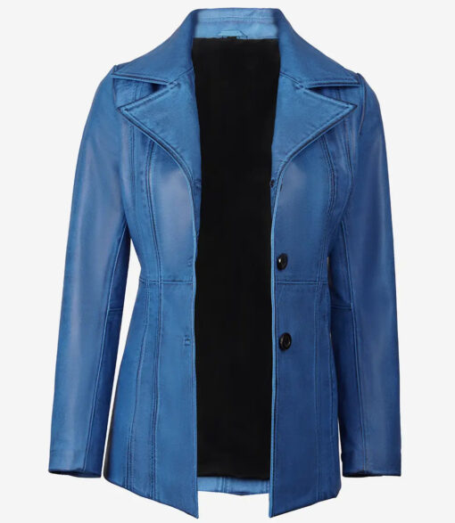 Women's Blue Waxed Leather Coat | Three Button - Image 2