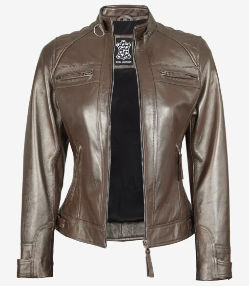 Women's Bronze Real Leather Motorcycle Jacket - Image 2