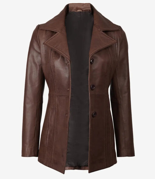 Women's Dark Brown Leather Coat - Three Button - Image 2