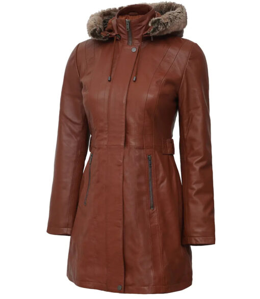 Women's Brown Leather Coat | Fur Trim Removable Hood