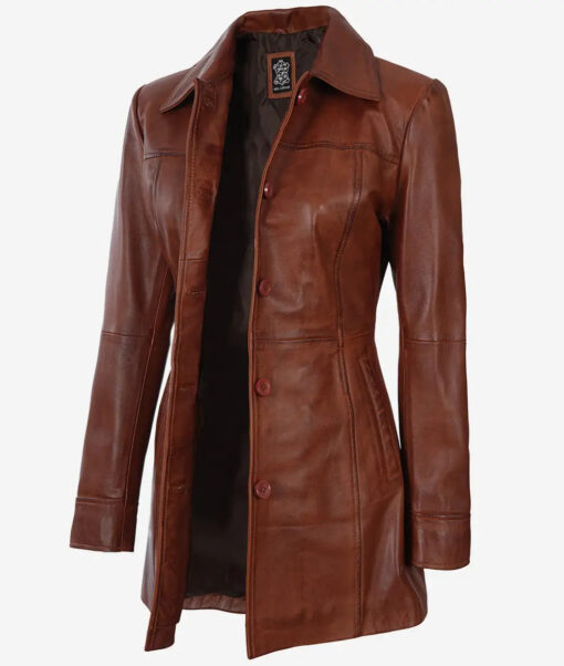 Women's Cognac Button Down 3/4 Length Leather Coat