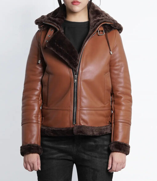 Women's Cognac Brown B3 Bomber Aviator Shearling Leather Jacket