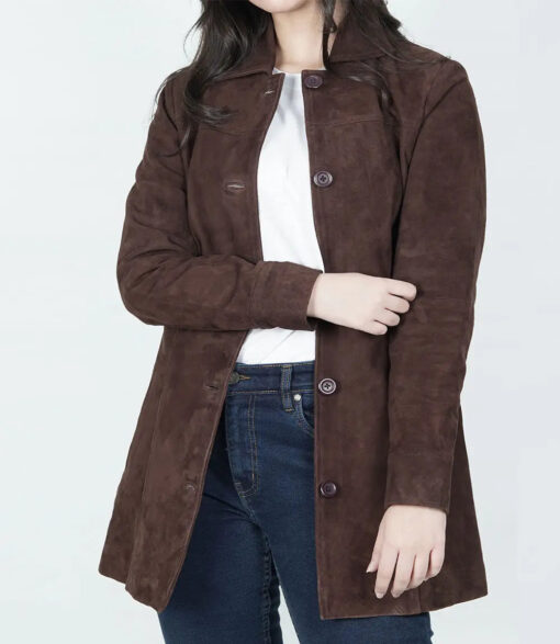 Women's Dark Brown Button Down Suede Coat - Image 2