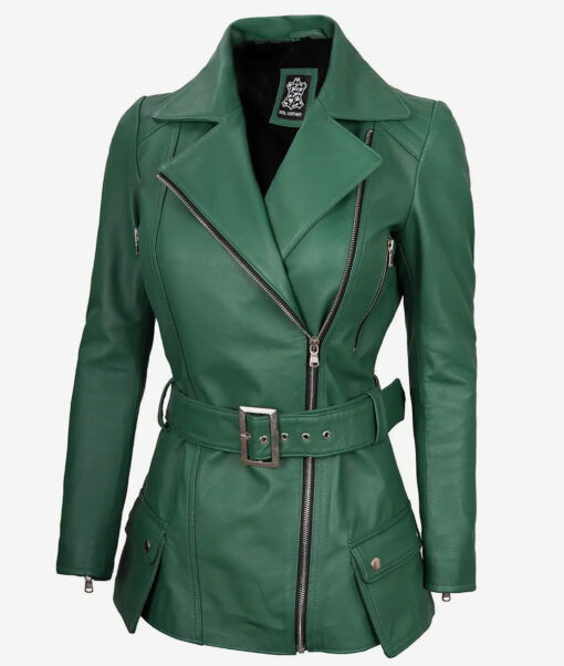 Women's Green Asymmetrical Moto Belted Leather Jacket - Image 2