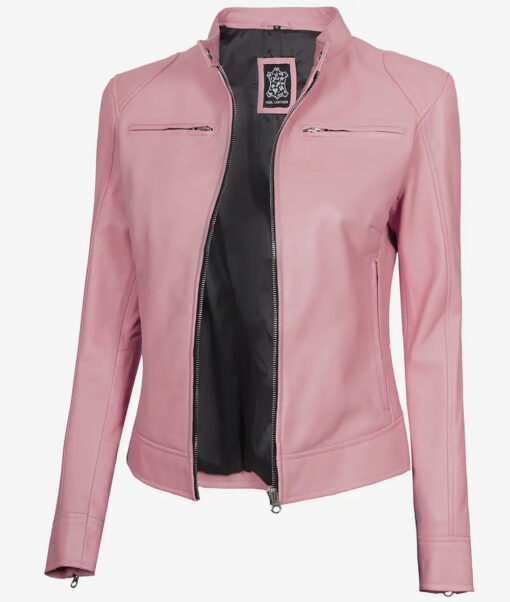 Dodge Women's Light Pink Cafe Racer Leather Jacket
