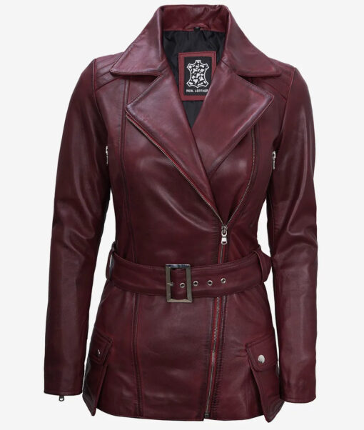 Women's Maroon Asymmetrical Moto Leather Belted Jacket - Image 2