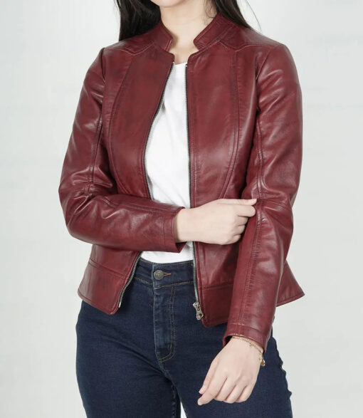 Women's Maroon Slim Fit Leather Jacket - Image 2