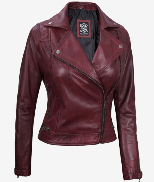 Women's Maroon Real Lambskin Moto Leather Jacket - Image 2