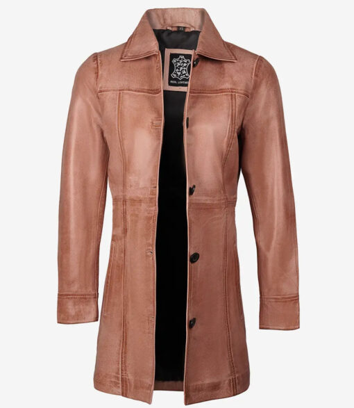 Women's Pink Cognac Button Down Waxed Leather Coat - Image 2